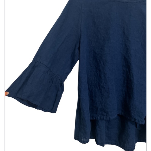 Bryn Walker Fran Linen Navy Blue Ruffle Bell Sleeve Top - Picture 5 of 11